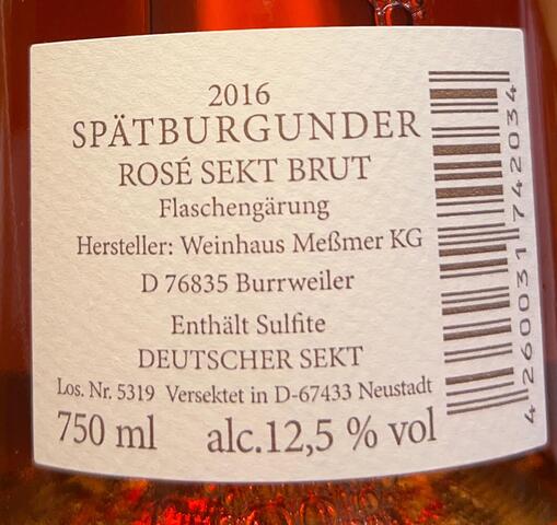 Messmer Spätburgunder Rosé Sekt trocken 2016.